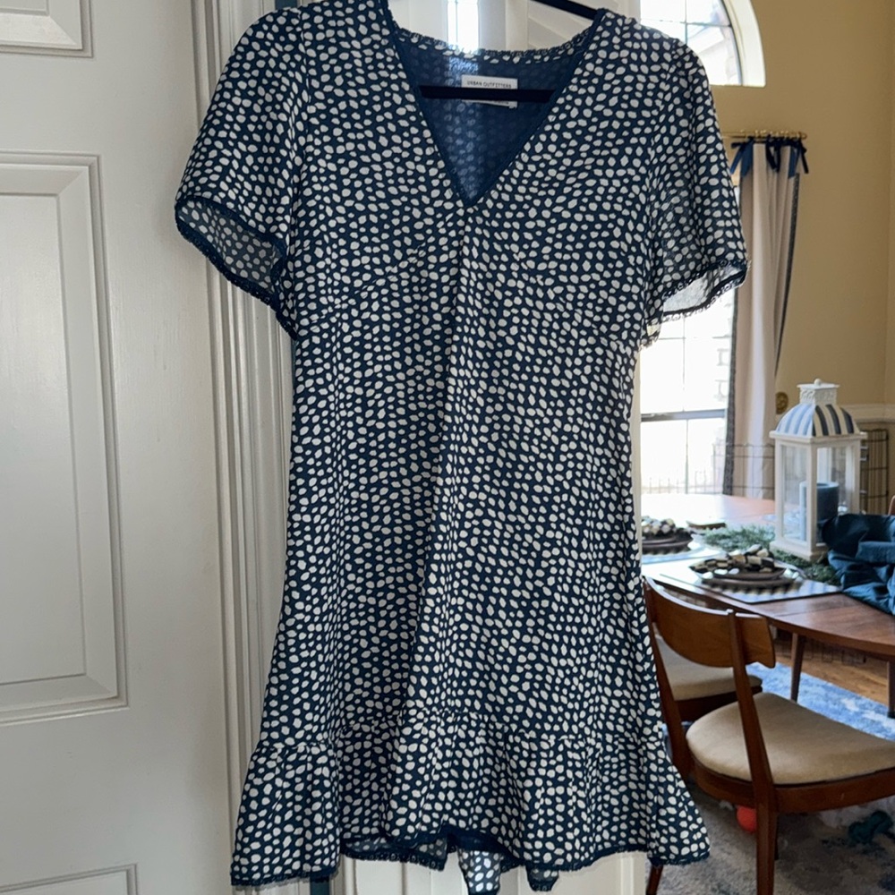 Urban Outfitters Babydoll Dress Womens PS Teal Polka Dot Short Sleeve V Neck